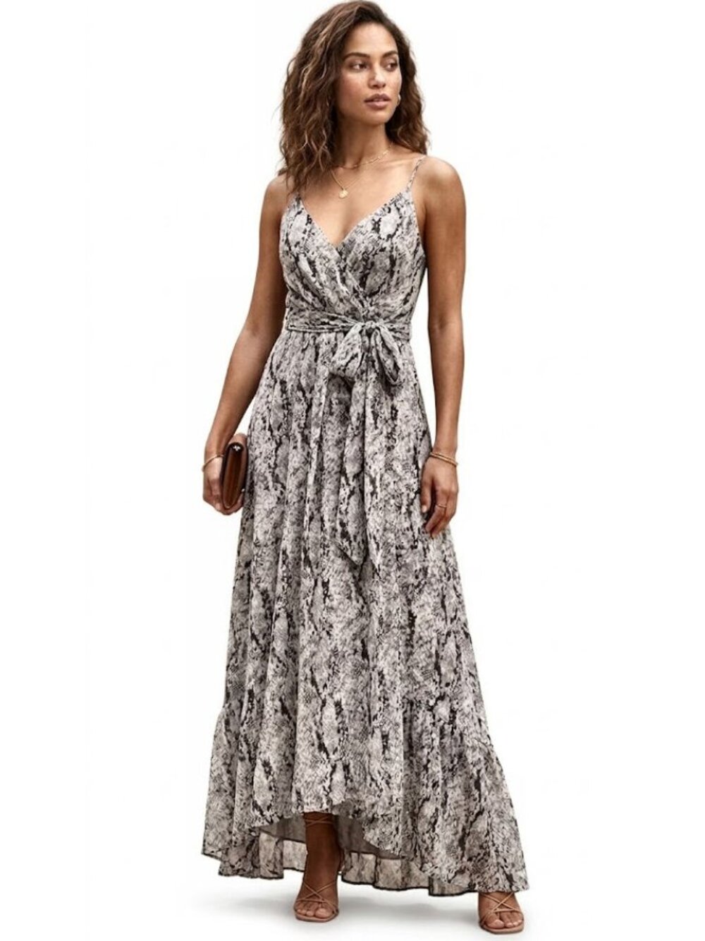 ASTR The Label Python Print Tie-Waist Asymmetrical Maxi Dress, Womens Size XS